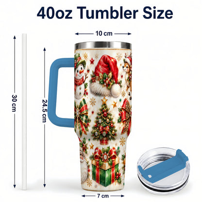 #pl[40oz|Blue] Ornate Christmas 40oz Tumbler with Handle, Leopard Ribbon Holiday Art