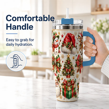 #pl[40oz|Blue] Ornate Christmas 40oz Tumbler with Handle, Leopard Ribbon Holiday Art