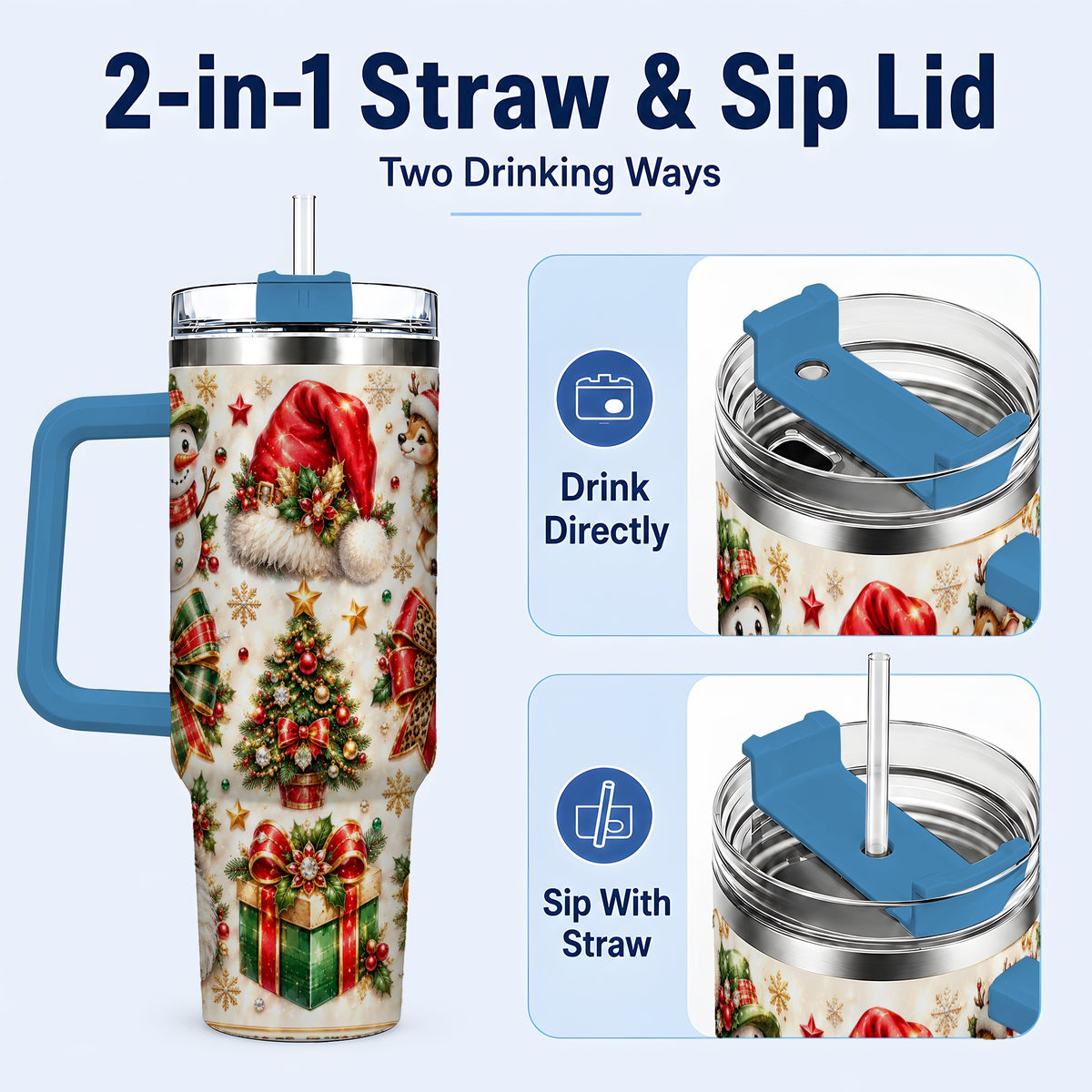 #pl[40oz|Blue] Ornate Christmas 40oz Tumbler with Handle, Leopard Ribbon Holiday Art