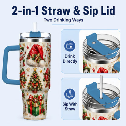 #pl[40oz|Blue] Ornate Christmas 40oz Tumbler with Handle, Leopard Ribbon Holiday Art