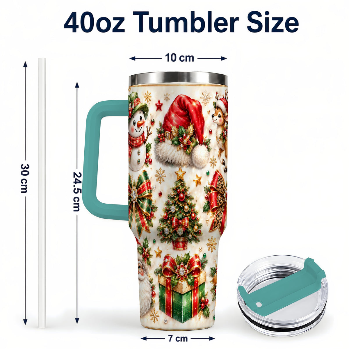 #pl[40oz|Green] Ornate Christmas 40oz Tumbler with Handle, Leopard Ribbon Holiday Art