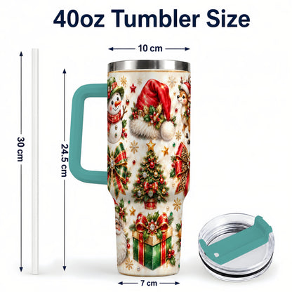 #pl[40oz|Green] Ornate Christmas 40oz Tumbler with Handle, Leopard Ribbon Holiday Art