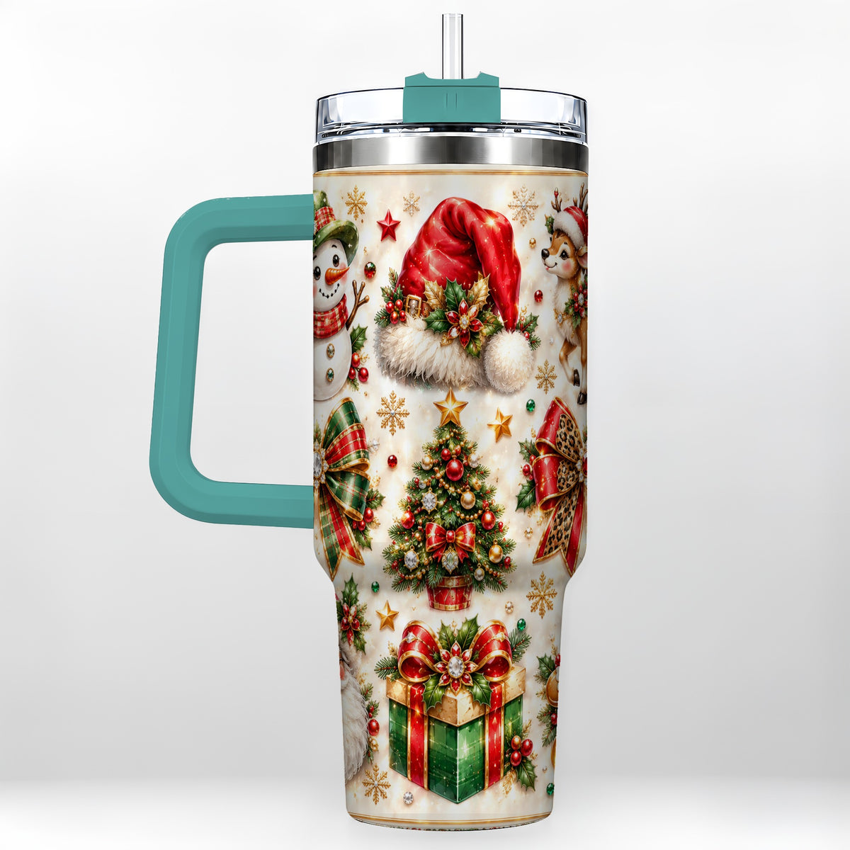 #pl[40oz|Green] Ornate Christmas 40oz Tumbler with Handle, Leopard Ribbon Holiday Art