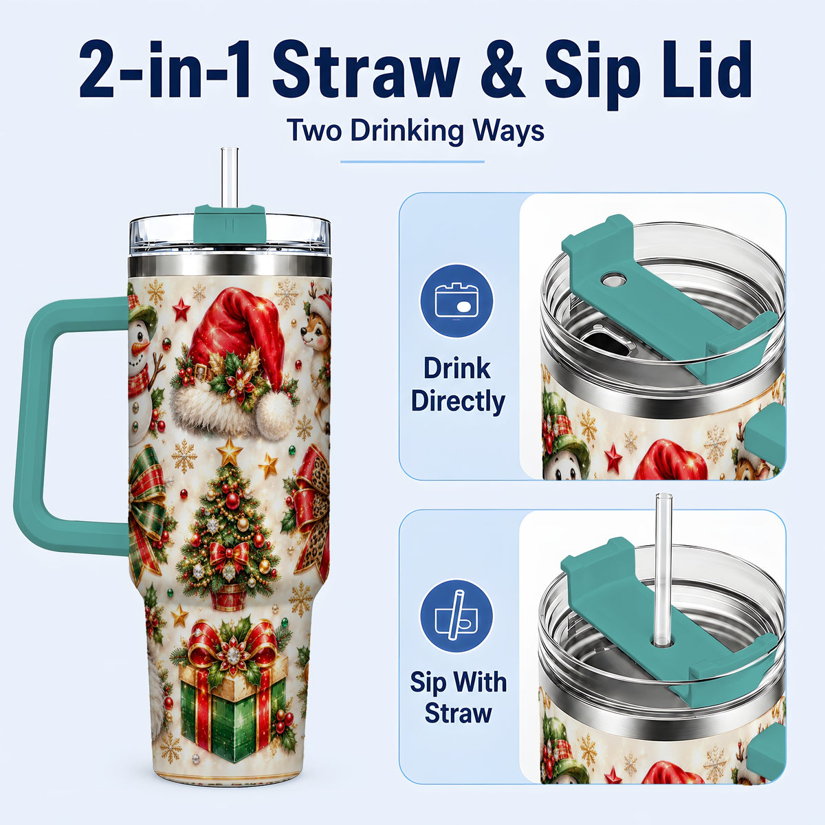 #pl[40oz|Green] Ornate Christmas 40oz Tumbler with Handle, Leopard Ribbon Holiday Art