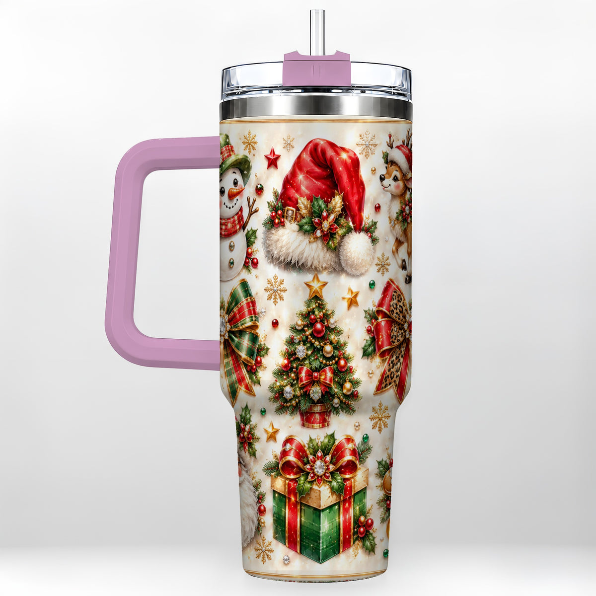 #pl[40oz|Pink] Ornate Christmas 40oz Tumbler with Handle, Leopard Ribbon Holiday Art