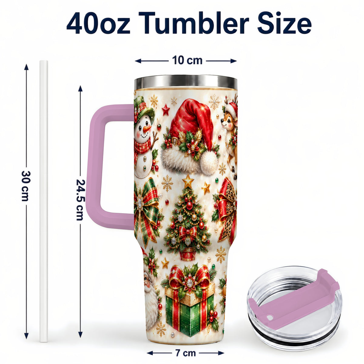 #pl[40oz|Pink] Ornate Christmas 40oz Tumbler with Handle, Leopard Ribbon Holiday Art