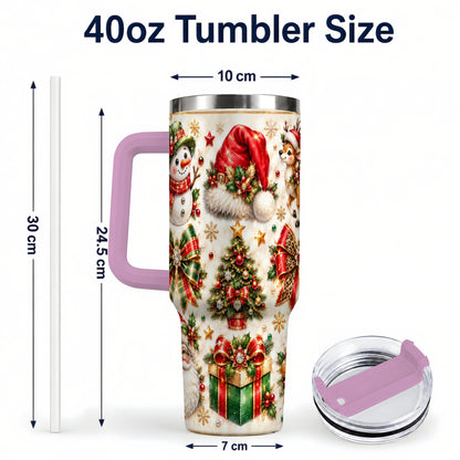 #pl[40oz|Pink] Ornate Christmas 40oz Tumbler with Handle, Leopard Ribbon Holiday Art