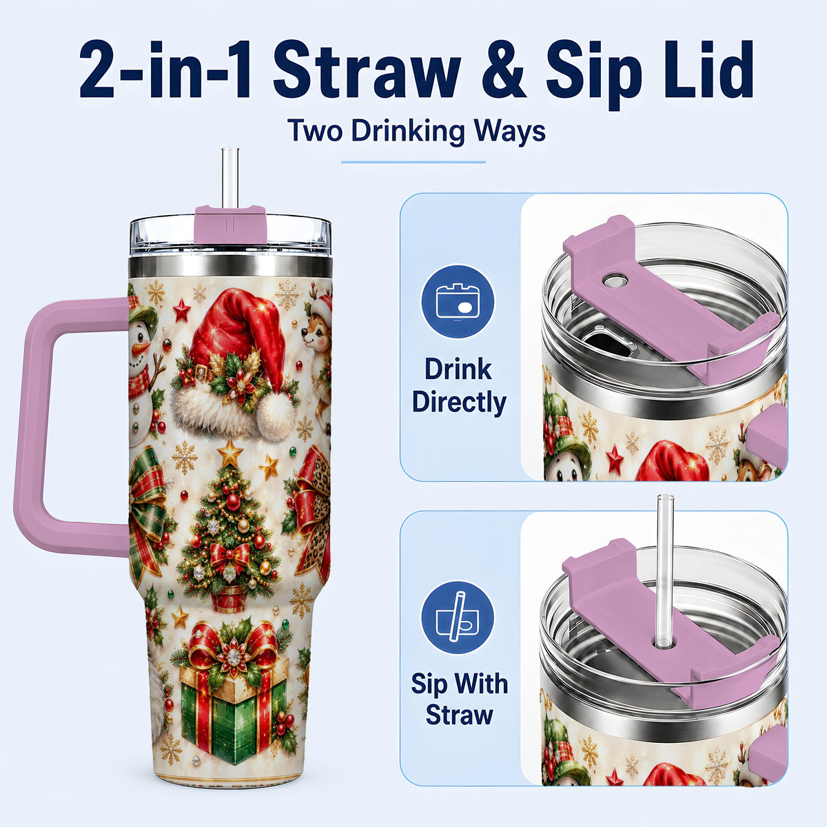 #pl[40oz|Pink] Ornate Christmas 40oz Tumbler with Handle, Leopard Ribbon Holiday Art