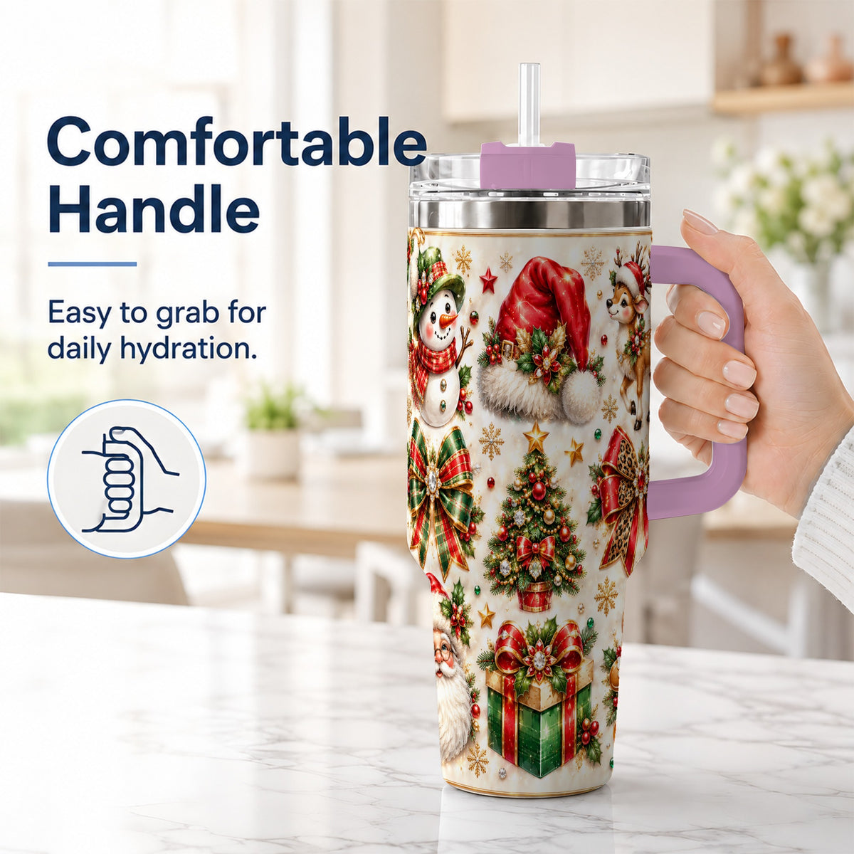 #pl[40oz|Pink] Ornate Christmas 40oz Tumbler with Handle, Leopard Ribbon Holiday Art