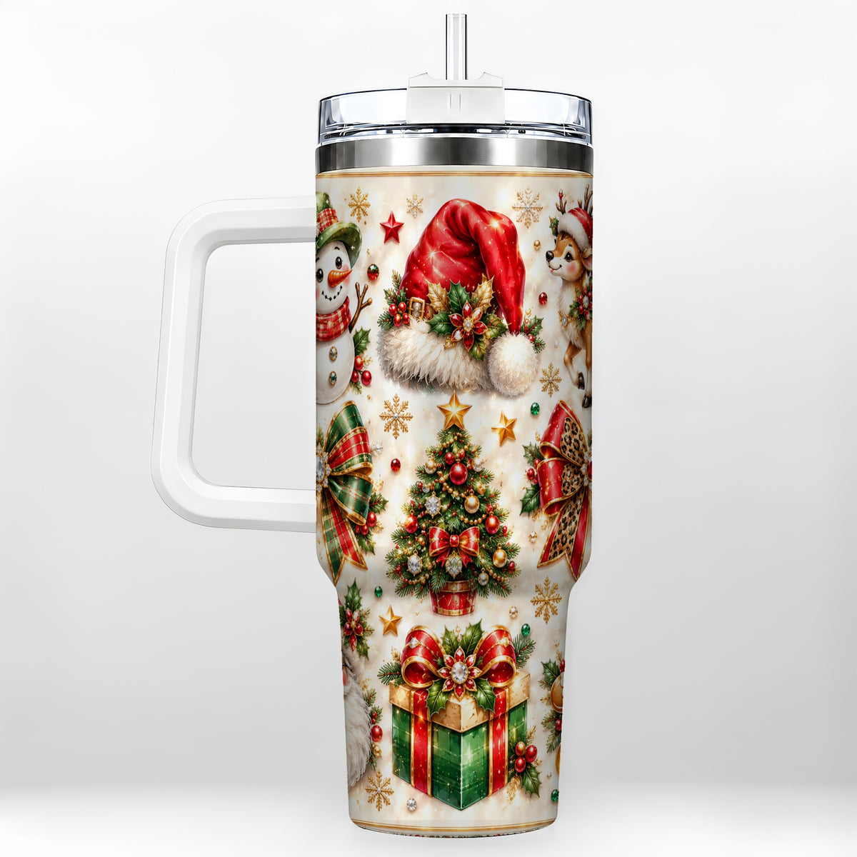 Ornate Christmas 40oz Tumbler with Handle, Leopard Ribbon Holiday Art
