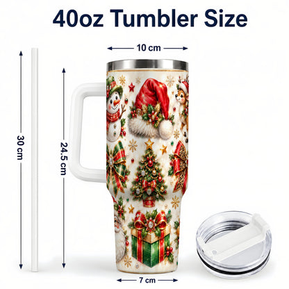 #pl[40oz|White] Ornate Christmas 40oz Tumbler with Handle, Leopard Ribbon Holiday Art