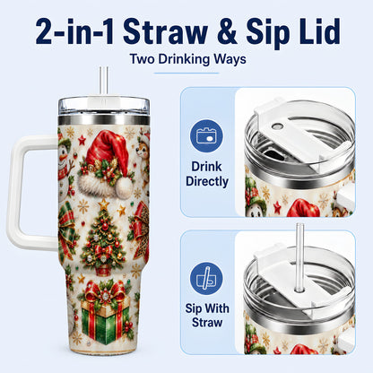 #pl[40oz|White] Ornate Christmas 40oz Tumbler with Handle, Leopard Ribbon Holiday Art