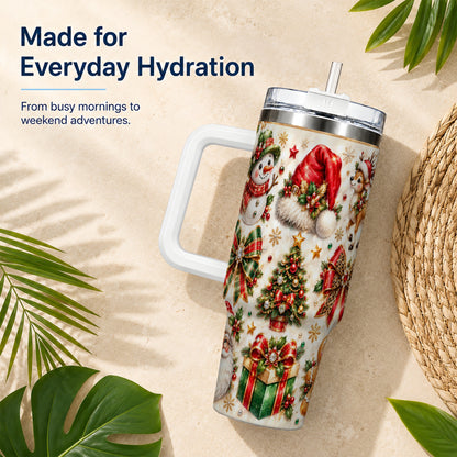 Ornate Christmas 40oz Tumbler with Handle, Leopard Ribbon Holiday Art