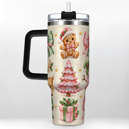#pl[40oz|Black] Pink Christmas 40oz Tumbler with Handle, Gingerbread Holiday Artwork