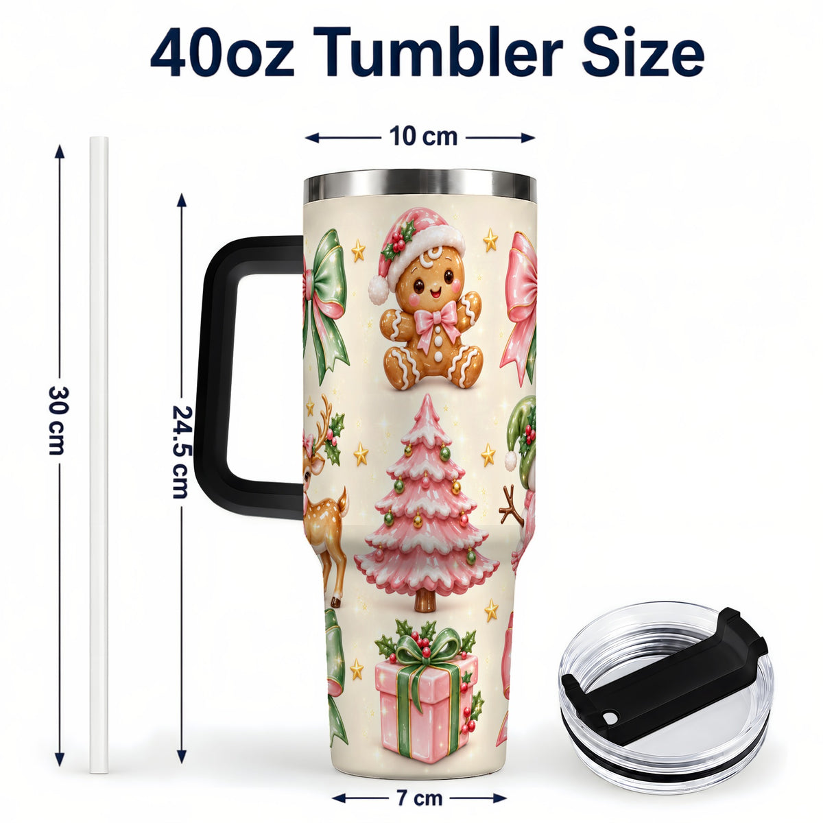 #pl[40oz|Black] Pink Christmas 40oz Tumbler with Handle, Gingerbread Holiday Artwork