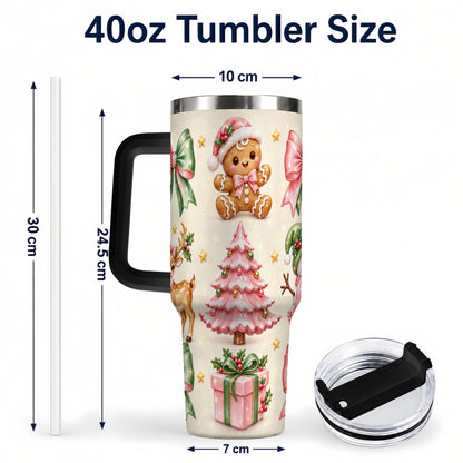 #pl[40oz|Black] Pink Christmas 40oz Tumbler with Handle, Gingerbread Holiday Artwork