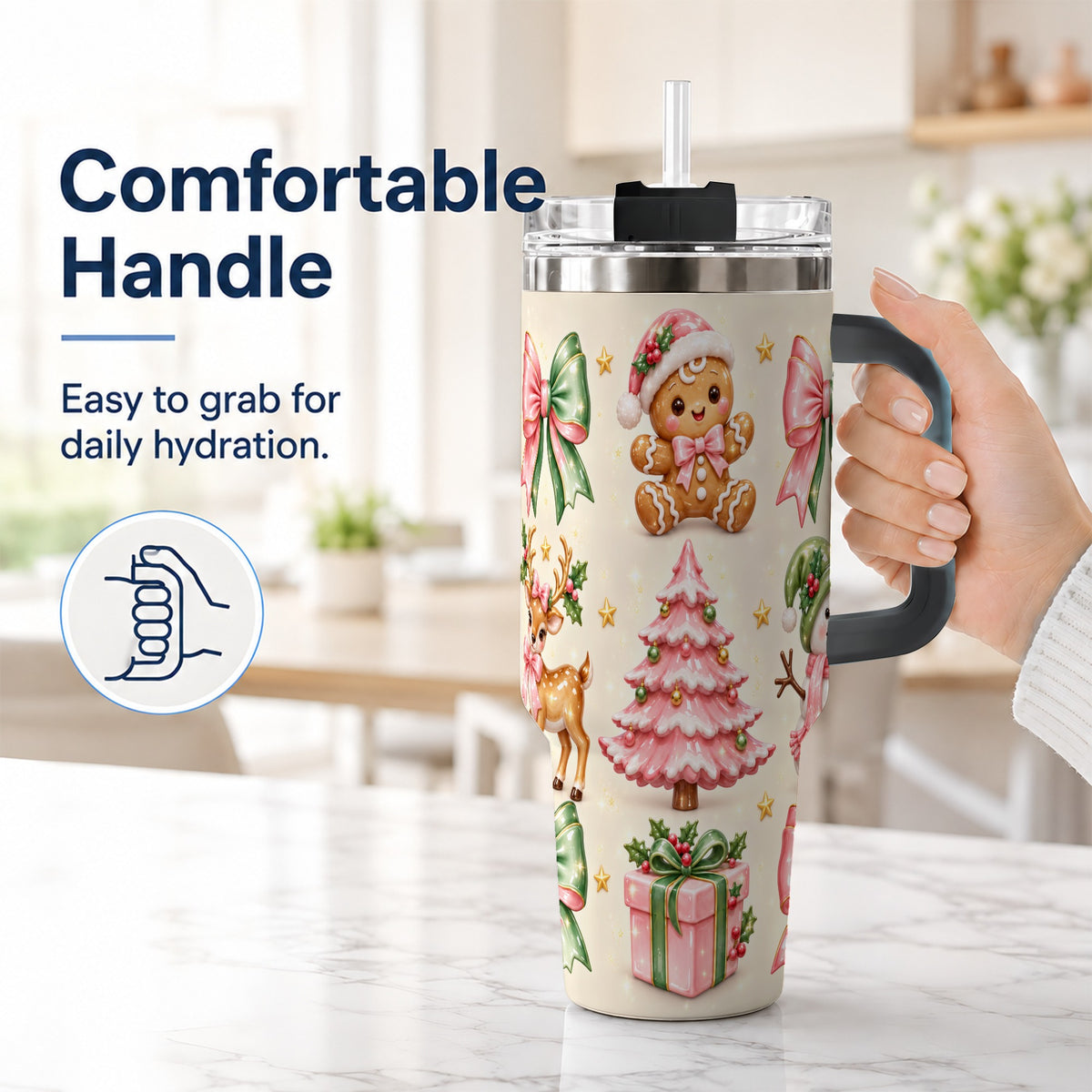#pl[40oz|Black] Pink Christmas 40oz Tumbler with Handle, Gingerbread Holiday Artwork