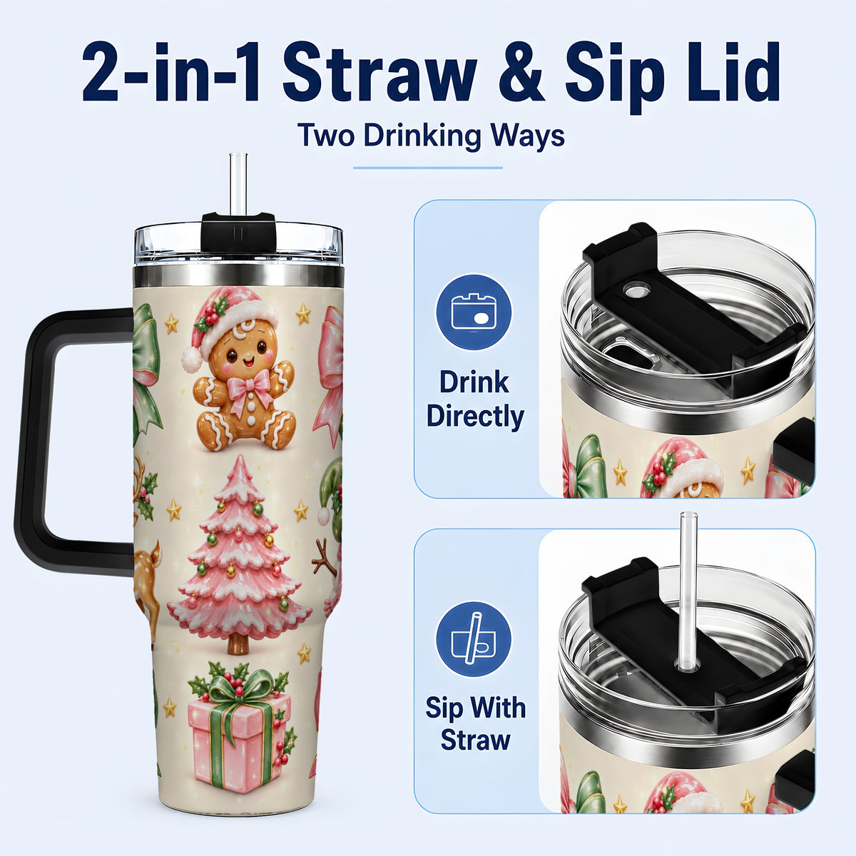 #pl[40oz|Black] Pink Christmas 40oz Tumbler with Handle, Gingerbread Holiday Artwork