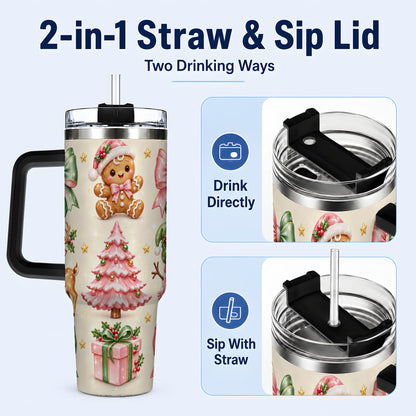 #pl[40oz|Black] Pink Christmas 40oz Tumbler with Handle, Gingerbread Holiday Artwork