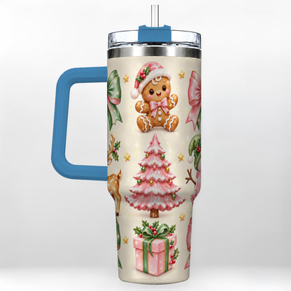 #pl[40oz|Blue] Pink Christmas 40oz Tumbler with Handle, Gingerbread Holiday Artwork