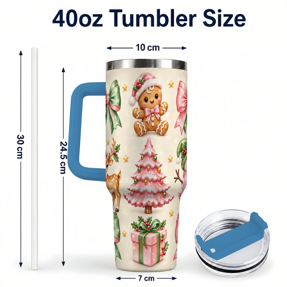#pl[40oz|Blue] Pink Christmas 40oz Tumbler with Handle, Gingerbread Holiday Artwork