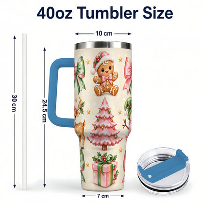 #pl[40oz|Blue] Pink Christmas 40oz Tumbler with Handle, Gingerbread Holiday Artwork