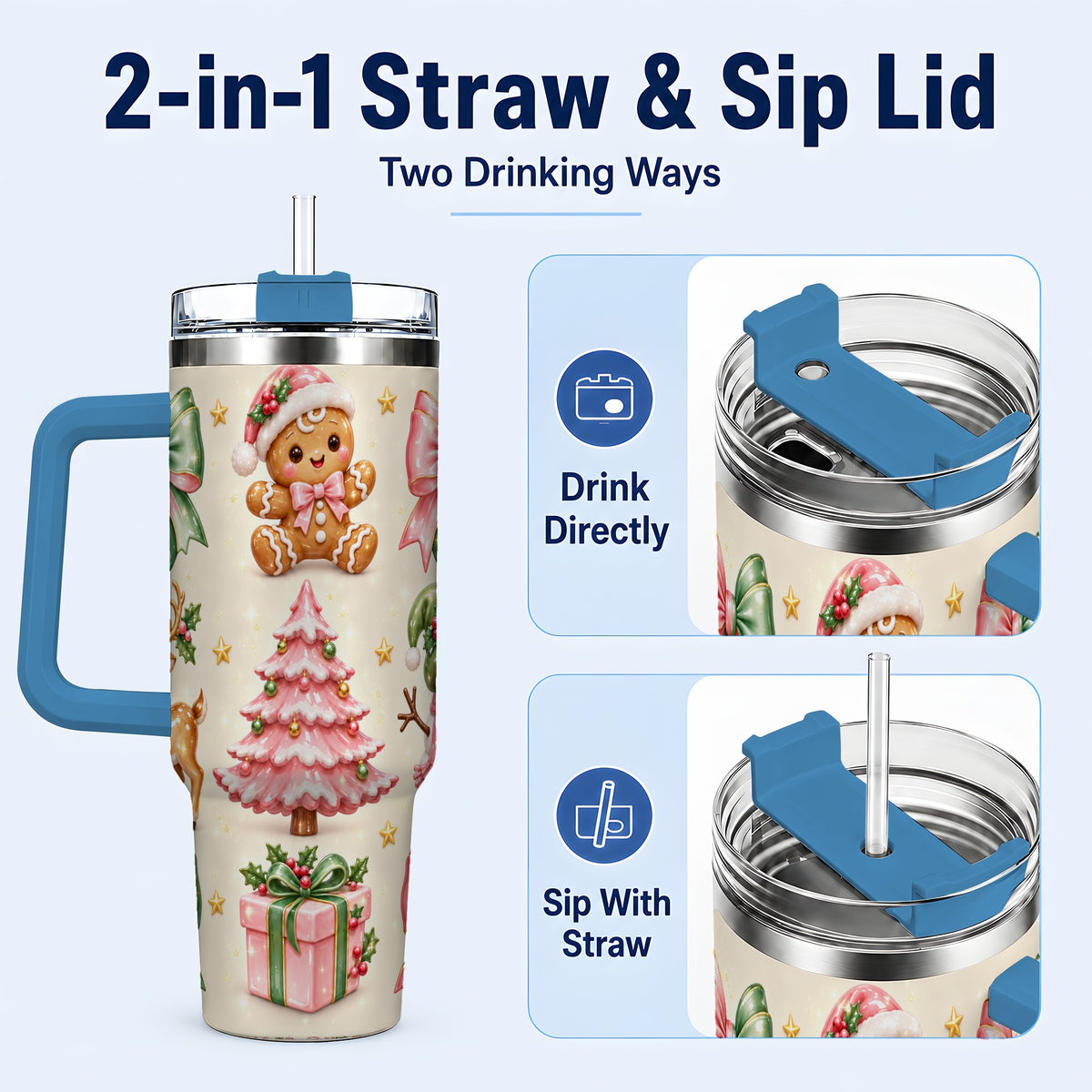 #pl[40oz|Blue] Pink Christmas 40oz Tumbler with Handle, Gingerbread Holiday Artwork