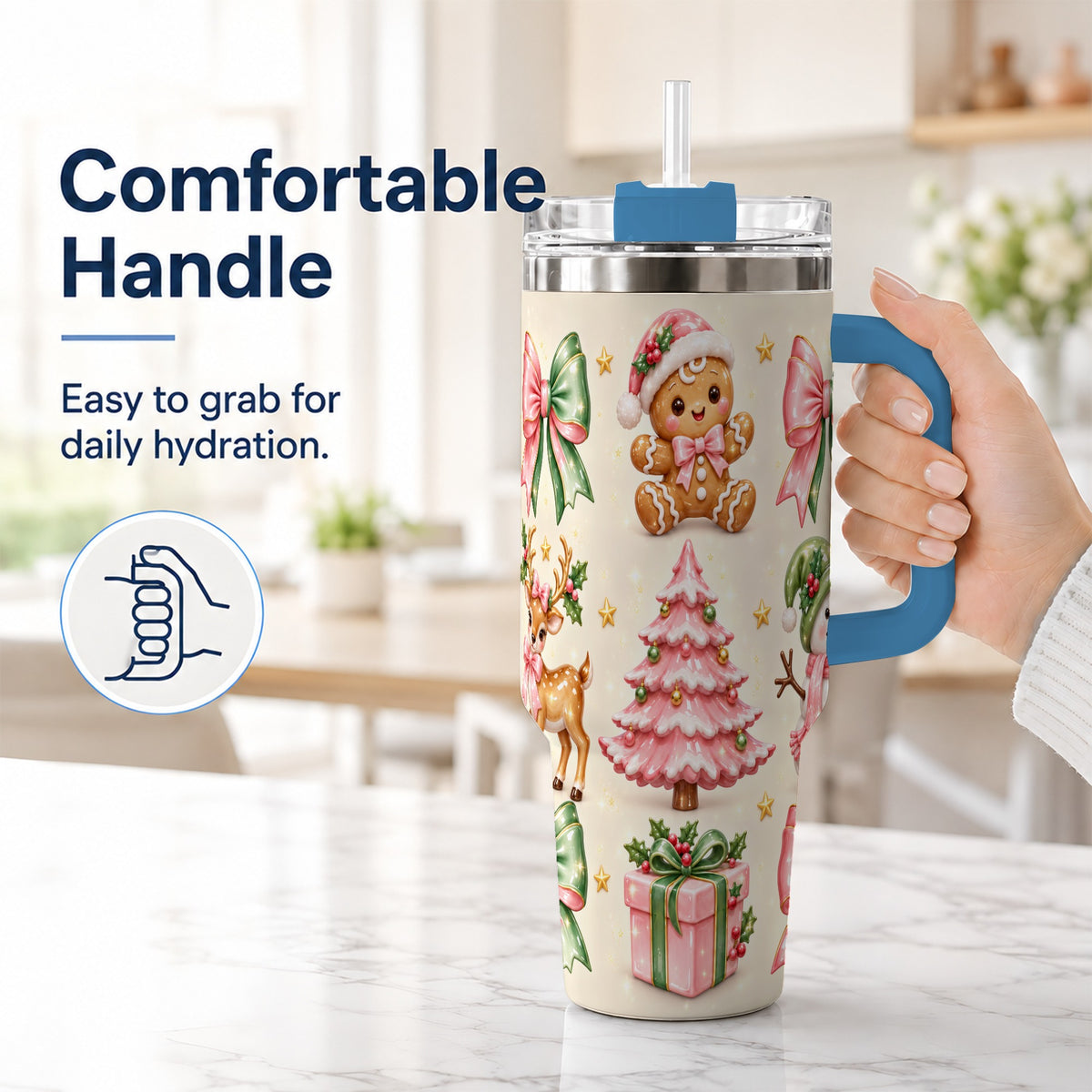 #pl[40oz|Blue] Pink Christmas 40oz Tumbler with Handle, Gingerbread Holiday Artwork