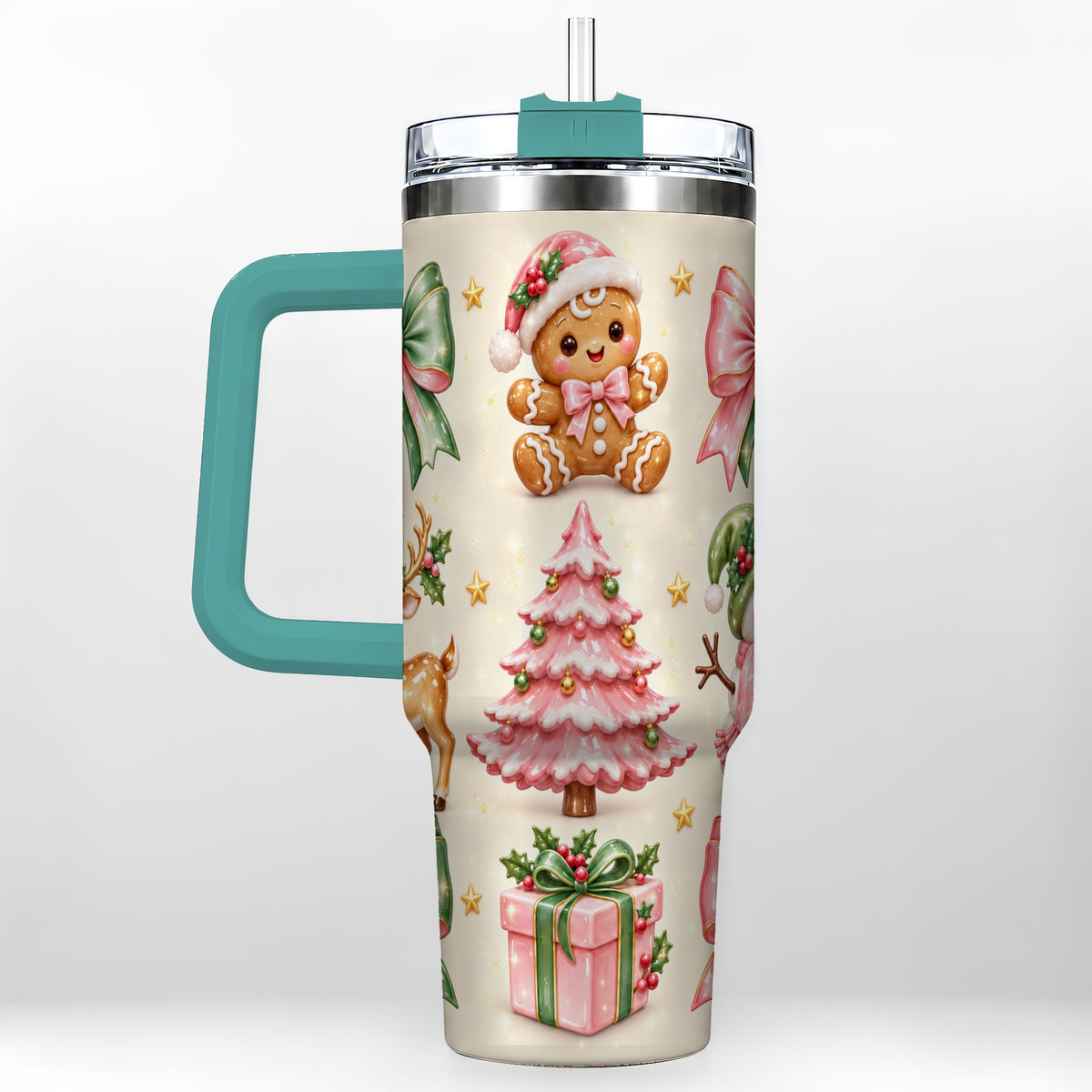 #pl[40oz|Green] Pink Christmas 40oz Tumbler with Handle, Gingerbread Holiday Artwork