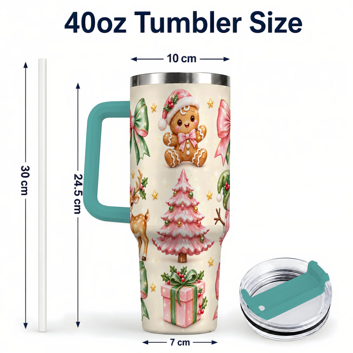 #pl[40oz|Green] Pink Christmas 40oz Tumbler with Handle, Gingerbread Holiday Artwork