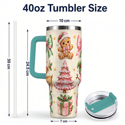 #pl[40oz|Green] Pink Christmas 40oz Tumbler with Handle, Gingerbread Holiday Artwork