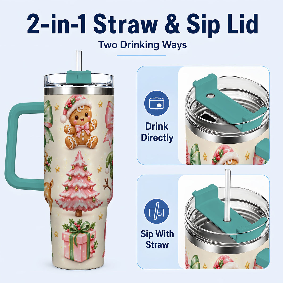 #pl[40oz|Green] Pink Christmas 40oz Tumbler with Handle, Gingerbread Holiday Artwork