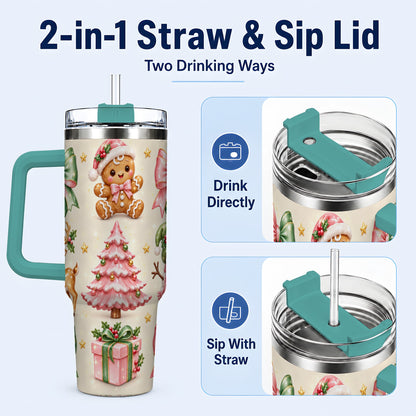 #pl[40oz|Green] Pink Christmas 40oz Tumbler with Handle, Gingerbread Holiday Artwork