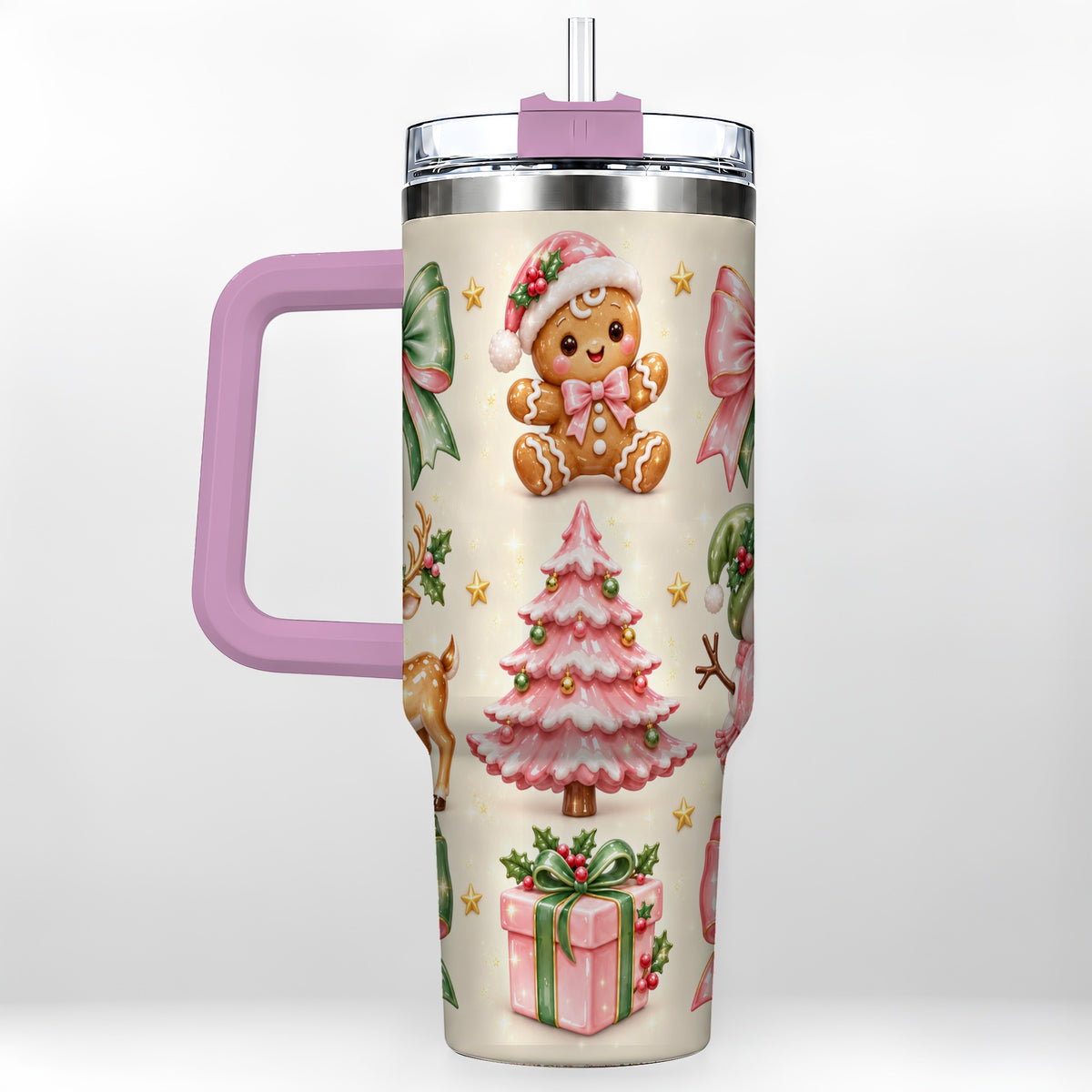 #pl[40oz|Pink] Pink Christmas 40oz Tumbler with Handle, Gingerbread Holiday Artwork