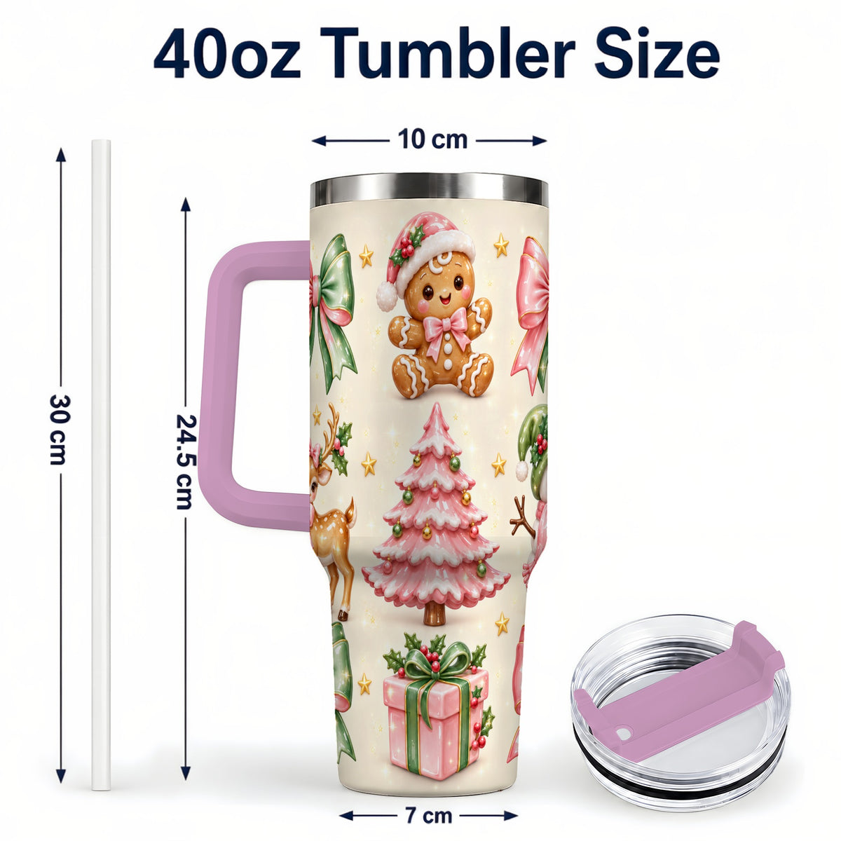#pl[40oz|Pink] Pink Christmas 40oz Tumbler with Handle, Gingerbread Holiday Artwork