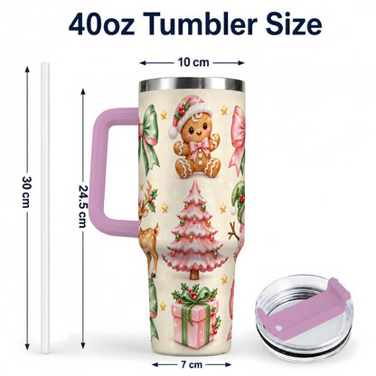 #pl[40oz|Pink] Pink Christmas 40oz Tumbler with Handle, Gingerbread Holiday Artwork