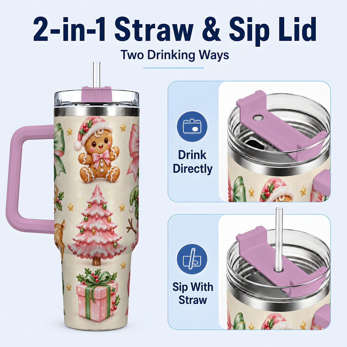 #pl[40oz|Pink] Pink Christmas 40oz Tumbler with Handle, Gingerbread Holiday Artwork