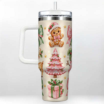 Pink Christmas 40oz Tumbler with Handle, Gingerbread Holiday Artwork