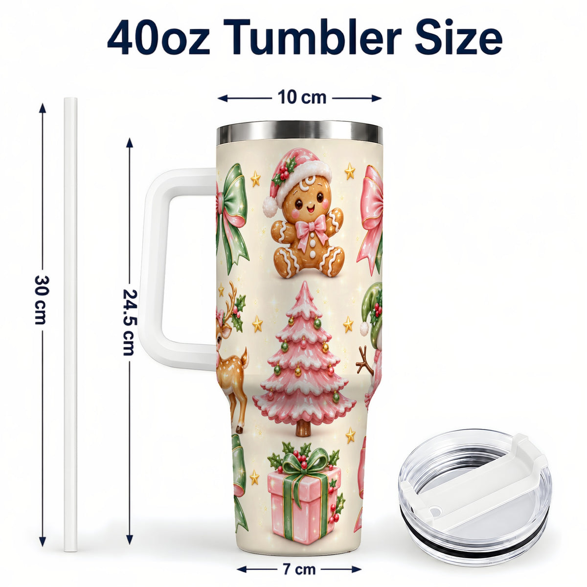 #pl[40oz|White] Pink Christmas 40oz Tumbler with Handle, Gingerbread Holiday Artwork