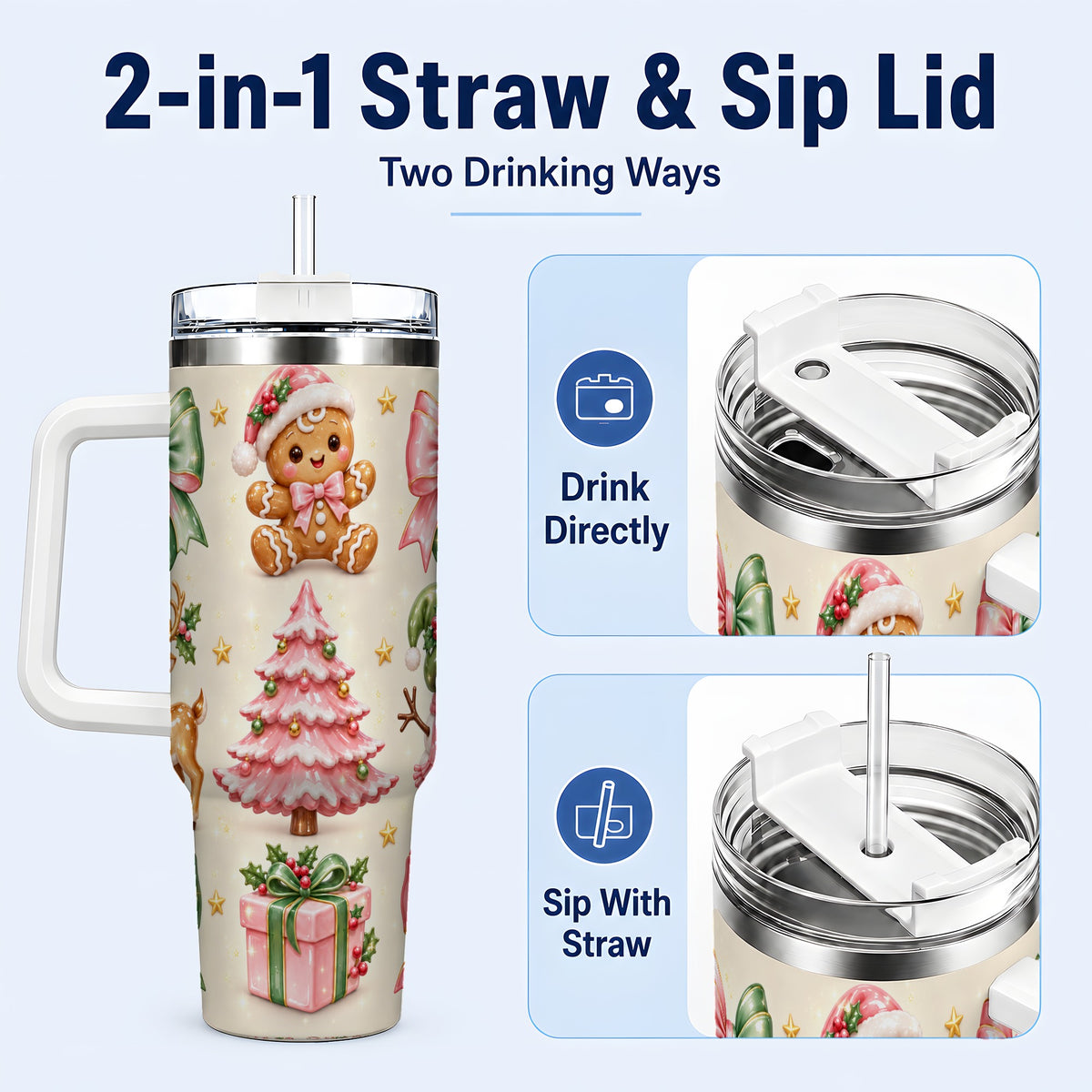 #pl[40oz|White] Pink Christmas 40oz Tumbler with Handle, Gingerbread Holiday Artwork
