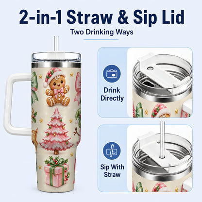#pl[40oz|White] Pink Christmas 40oz Tumbler with Handle, Gingerbread Holiday Artwork