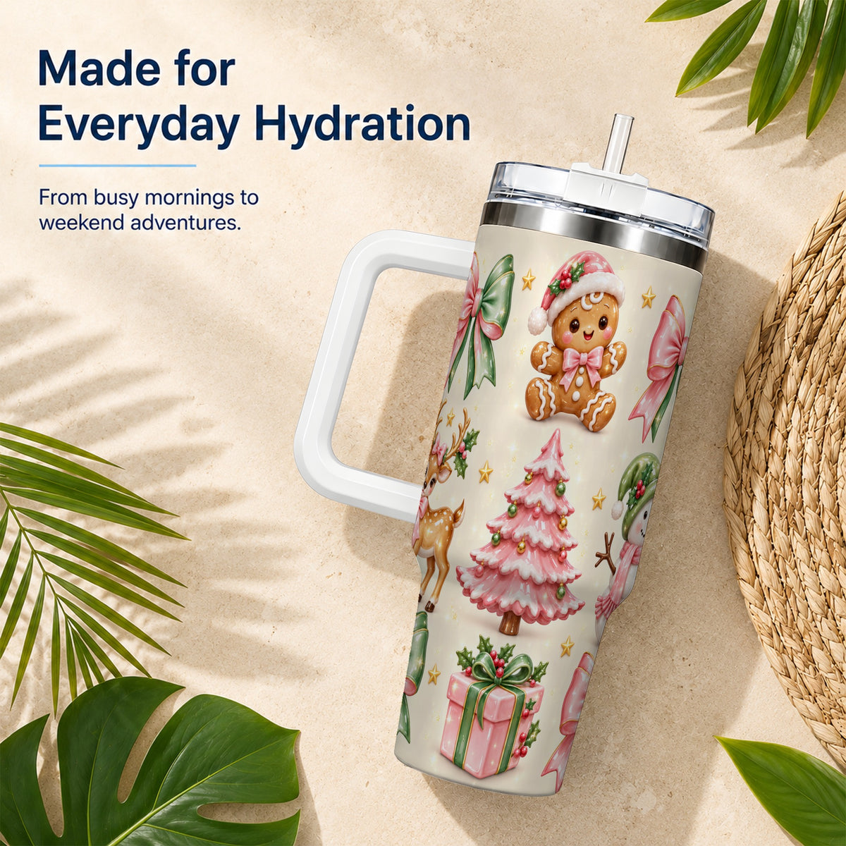 Pink Christmas 40oz Tumbler with Handle, Gingerbread Holiday Artwork