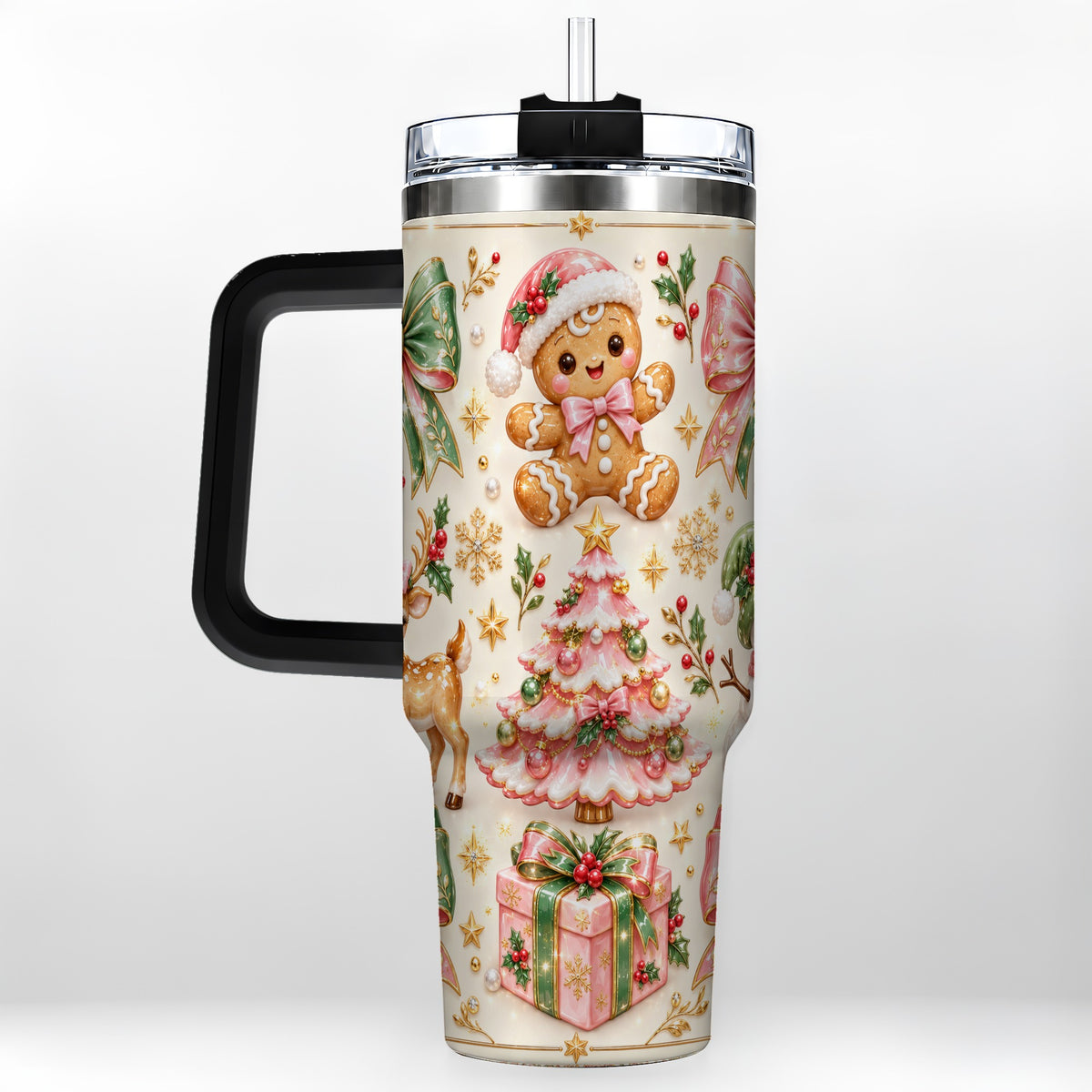 #pl[40oz|Black] Pink Gingerbread Christmas 40oz Tumbler with Handle, Festive Bow Art