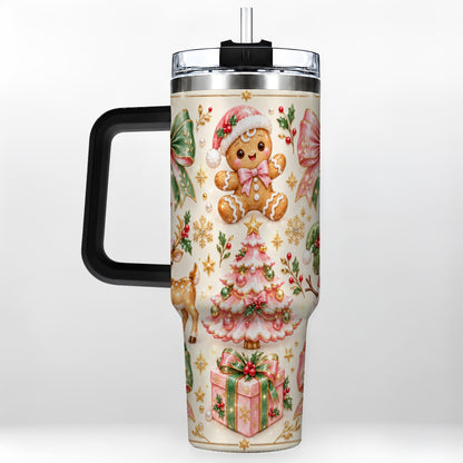 #pl[40oz|Black] Pink Gingerbread Christmas 40oz Tumbler with Handle, Festive Bow Art