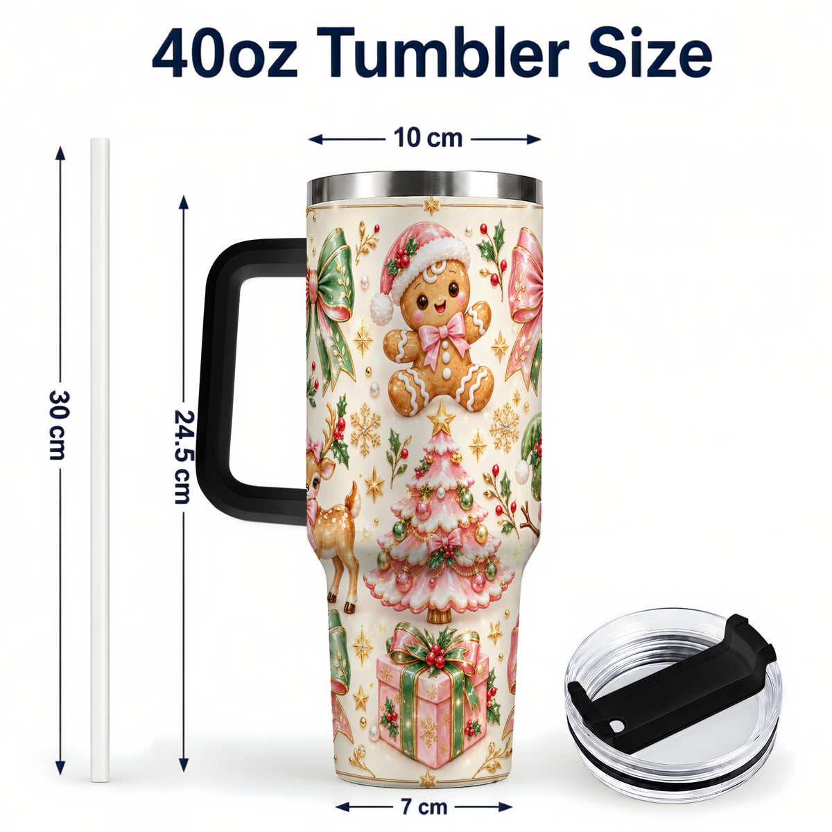 #pl[40oz|Black] Pink Gingerbread Christmas 40oz Tumbler with Handle, Festive Bow Art