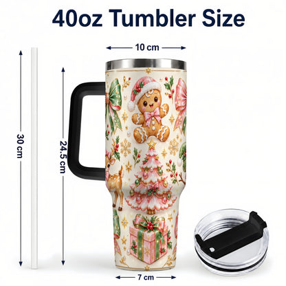 #pl[40oz|Black] Pink Gingerbread Christmas 40oz Tumbler with Handle, Festive Bow Art