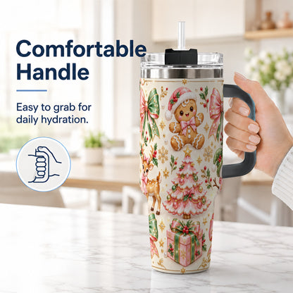 #pl[40oz|Black] Pink Gingerbread Christmas 40oz Tumbler with Handle, Festive Bow Art