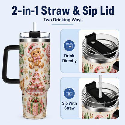 #pl[40oz|Black] Pink Gingerbread Christmas 40oz Tumbler with Handle, Festive Bow Art