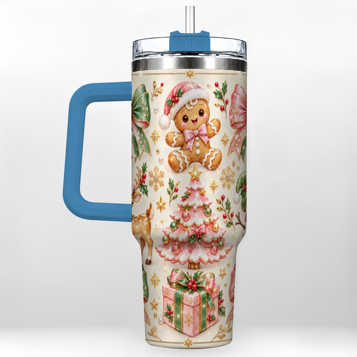 #pl[40oz|Blue] Pink Gingerbread Christmas 40oz Tumbler with Handle, Festive Bow Art