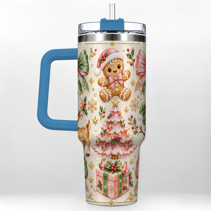 #pl[40oz|Blue] Pink Gingerbread Christmas 40oz Tumbler with Handle, Festive Bow Art